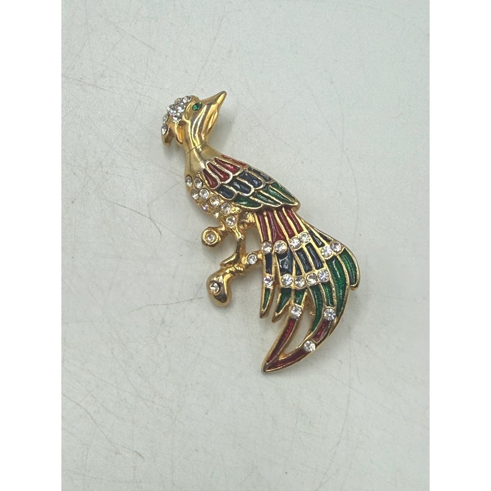 Vintage Gold Tone Peacock Bird Brooch Enamel Rhinestone Figural Pin Colorful